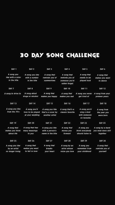 30 Day Song Challenge Song Challenge Instagram, 30 Day Instagram Challenge, Music Questions, 30 Day Music Challenge, Music Hacks, One Song Workouts, Challenge Instagram, Music Challenge, Song Of The Day