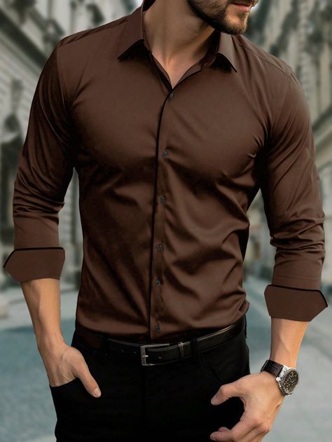 Brown Casual Collar Long Sleeve Fabric Plain Shirt Embellished Slight Stretch  Men Clothing Formal Dresses For Men, Stylish Shirts Men, Mens Smart Casual Outfits, Mens Business Casual Outfits, Shirt Outfit Men, Formal Men Outfit, Classy Outfits Men, Men Fashion Casual Shirts, Formal Mens Fashion