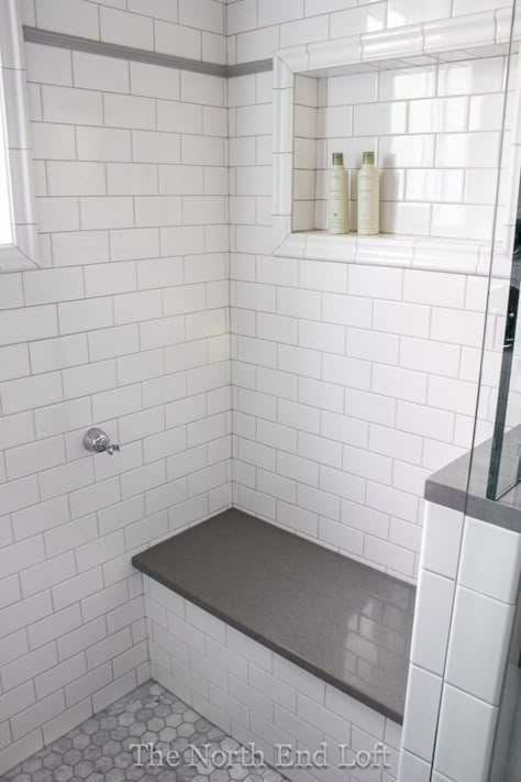 great idea to add the extra hand held shower holder back by the shower bench. I like the placement of the shower niche too! The North End Loft: August 2014 Restroom Ideas, Gray Grout, Tiled Bathroom, Subway Tile Showers, Master Shower, Bad Inspiration, Shower Niche, Master Bath Remodel, Shower Bench