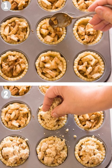 Apple Tartlets Mini, Muffin Pan Apple Pie Desserts, Apple Pie Individual, Apple Tart Recipe Mini, Fall Tarts Mini, Apple Crumble Bites, Apple Crumble Tart Recipe, Thanksgiving Tartlets, Crumble Apple Pie Recipe