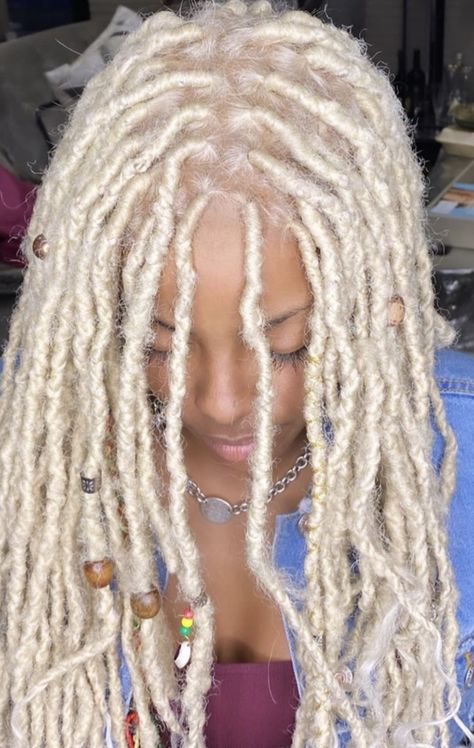 White Locs On Black Women, Platinum Blonde Hair Locs, Platinum Blonde Dreads Black Women, Platinum Blonde Hairstyles Black Women, Undercut Hairstyles Women Locs, Bleached Locs Black Women, Platinum Blonde Locs Black Women, Platinum Blonde Black Women, Pastel Locs