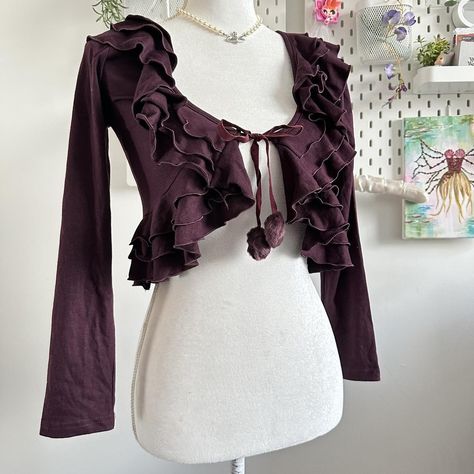 Purple Whimsygoth Ruffle Cardigan with pom... - Depop Y2k Pieces, Purple Coquette, Horror Game Protagonist, Random Clothing, Fairy Cottage Core, Game Protagonist, Cardigan Y2k, Ruffle Cardigan, Coquette Grunge