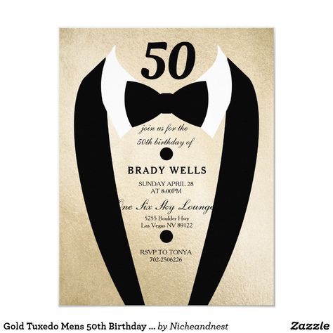 Gold Tuxedo Mens 50th Birthday Party Invitation Silver Tuxedo, Gold Tuxedo, 30th Birthday Men, Bachelor Party Invitations, 70th Birthday Party, 30th Birthday Party Invitations, 40th Birthday Party Invites, 100th Birthday Party, 50th Birthday Party Invitations