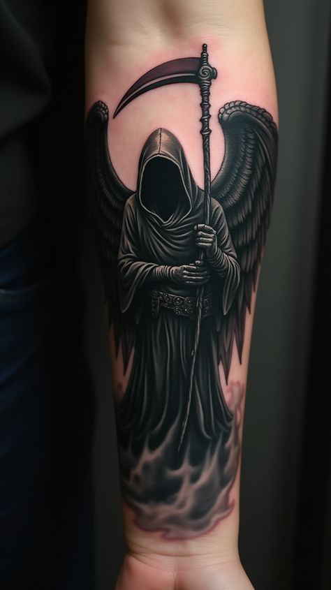 Dark Cover Up Tattoos Men, Mortuary Tattoo, Dark Angel Tattoo Men, Tattoo Cover Up Ideas For Men Arm, Paradoxical Tattoo, Grim Reaper Sleeve Tattoo, Scary Tattoos For Men, Dark Forearm Tattoo, Thanatos Tattoo