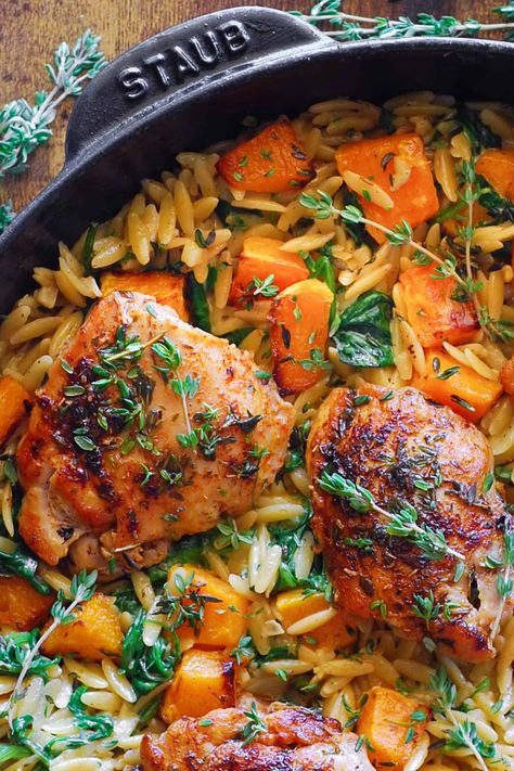 chicken orzo with butternut squash and spinach in a cast iron skillet. Creamy Chicken Orzo, Skinless Boneless Chicken Thighs, Butternut Squash And Spinach, Autumn Chicken, Chicken Squash, Simple Spinach Salad, Protein Veggies, Homemade Balsamic Vinaigrette, Acorn Squash Recipes