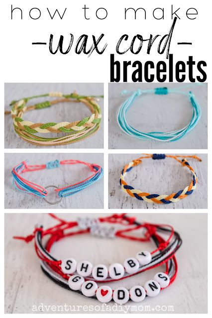 Make your own Pura Vida inspired bracelets! This tutorial shows 4 different styles of bracelets and how to make them. A free printable instruction page is included as well as video for each style of bracelet. Wax Cotton Cord Bracelets Diy, Wax Cord Bead Bracelet, How To Make Adjustable Beaded Bracelets, How To Make Surfer Bracelets, Friendship Bracelets Pura Vida, How To Make Waxed Cord Bracelets, Cotton Braiding Cord Bracelets, Friendship Cord Bracelets, Braided Wax Cord Bracelet Diy