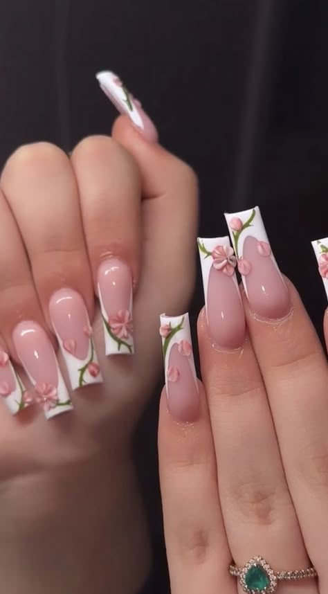 Tulip Design Nails, Spring Nail Set Ideas, Green Nails Flowers, Flower Petal Nails, Dried Flower Nails Acrylics, Short Flower Nails, Pink Rose Nails, Basic Acrylic Nails, Spring Nail Sets