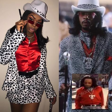 Cute Costumes Black Women, Sade Halloween Costume, Money Mike Costume, Black Movie Halloween Costumes, Sheneneh Jenkins Costume, Diy Costumes For Black Women, Black Women In Halloween Costumes, Stud Halloween Costume Ideas, A Pimp Named Slickback Costume