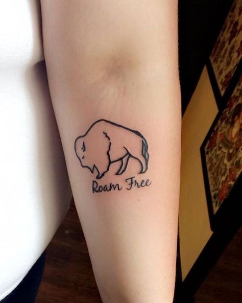 Buffalo tattoo, by John at Mecca Tattoo. Roam Free, inner elbow buffalo tattoo. Oklahoma Tattoo, Inner Elbow Tattoos, Bison Tattoo, Buffalo Tattoo, Elbow Tattoos, Skeleton Hand Tattoo, Tatuaje A Color, Shoulder Tattoos For Women, Tattoo Videos