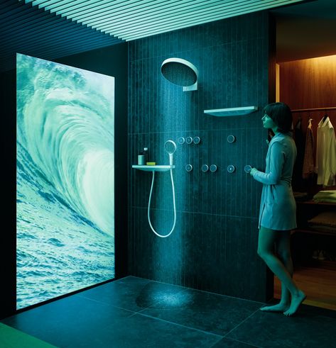 RainTunes digital shower system by Hansgrohe. The RainTunes digital shower system from Hansgrohe, with water, light, sound, and fragrance sensory experiences, is adjustable via moveable Bluetooth-connected control buttons. Shower Tabs, Bathroom Showrooms, Digital Showers, Steam Showers Bathroom, Body Shower, Philips Hue, Bathroom Spa, Infrared Sauna, Steam Showers