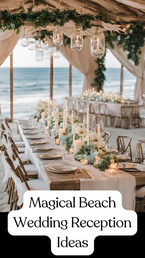 Elegant beach wedding reception setup with coastal decor, stunning table settings, and ocean views for a dreamy celebration. Beach Wedding Winter, Beach Vibe Wedding Decor, Beach Wedding Reception Ideas Decor, Welcome Sign For Beach Wedding, Upscale Beach Wedding, Seagrass Wedding Decor, Socal Beach Wedding, Summer Beach Wedding Ideas, Beach Classy Wedding