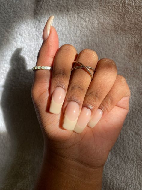 Beige French tip
Beige aesthetic 
Nail inspo
Black girl
Square acrylic Beige French Nails Tips, Tan French Tip, Tan French Tip Nails, Beige French Nails, Cream French Tips Nails, Beige French Tip, Beige French Tip Nails, Vanilla French Nails, Acrylic With Gel Polish