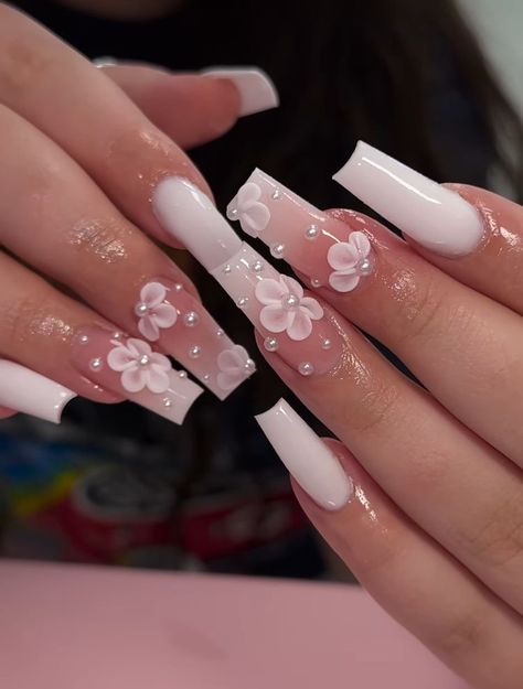 Quinceanera Nails, 3d Flower Nails, Nails Green, Girly Acrylic Nails, Cute Acrylic Nail Designs, Long Acrylic Nails Coffin, Acrylic Flower, Acrylic Nails Coffin Pink, Long Square Acrylic Nails