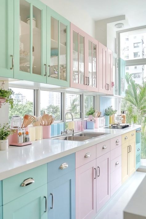 Alt tag: Bright pastel rainbow kitchen featuring mint green cabinets, lemon yellow accents, and soft pink decor. Soft Pastel Home Decor, Candy Colored Home, Pastel Colors Kitchen, Pastel Colour Room, Mint Green Cabinets, Pastel Kitchen Ideas, Pastel Pink Kitchen, Kitchen Color Palette Ideas, Pastel Decorations