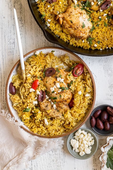 Mediterranean Chicken and Rice is fuss-free, full of flavor and so so good. Made with chicken thighs and perfectly cooked yellow jasmine rice. It's a staple weeknight dinner recipe! #krollskorner #weeknightdinner #easy #healthy #yummydinner #healthydinner #chickenandrice #mediterraneanchicken #onepanmeals