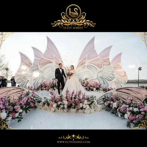 Wedding ceremony butterfly décor. 🦢🤍 Credit: Ekansh #WeddingCeremonyDecor #LuxuryWedding #EliteSoirée Butterfly Wedding Theme, Wedding Stage Decor, Wedding Background Decoration, Wedding Stage Design, Dream Wedding Decorations, Wedding Backdrop Design, Ceremony Design, Wedding Backdrop Decorations, Wedding Design Decoration