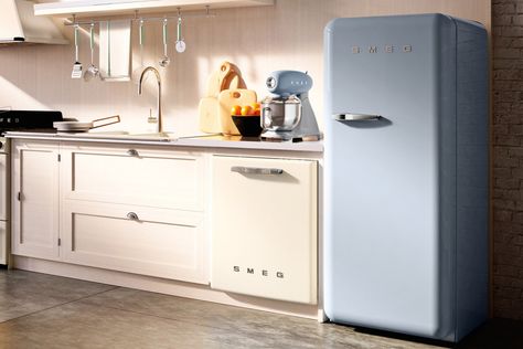 smeg introduces a retro dishwasher and bigger fridge  s style 50s Style Kitchens, Big Fridge, Best Stand Mixer, Smeg Kitchen, Kitchen Suite, Wine Bottle Storage, Retro Appliances, Retro Fridge, Refrigerator Freezer