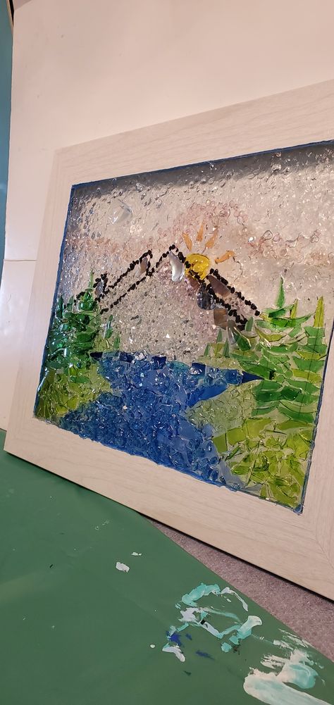 Epoxy Window Art, Fused Glass Art Mountains, Fused Glass Art Sunset, Fused Glass Mountains, Old Window Projects, Glass Picture Frame, April Crafts, Resin Creations, 4th Grade Art