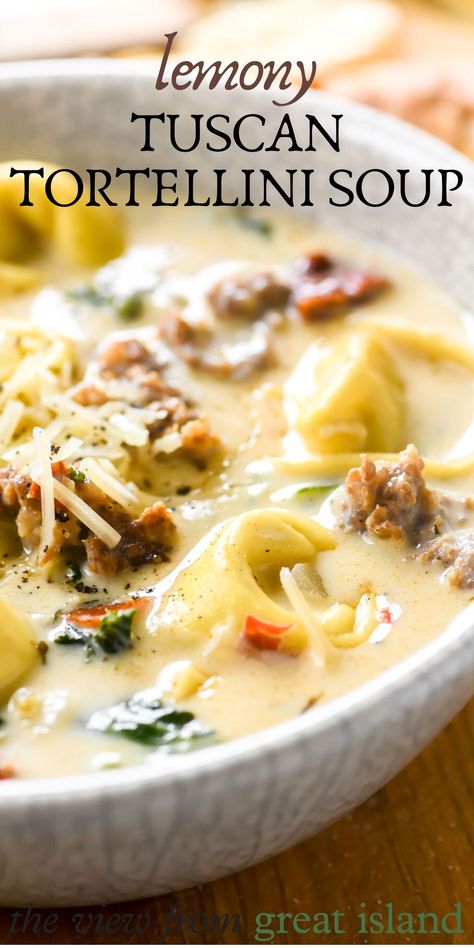 Tortellini Soup Recipes Vegetarian, Spinach Artichoke Tortellini Soup, White Tortellini Soup, Lemony Tuscan Artichoke Soup, Lemony Soup, Tortellini Soup Instant Pot, Tuscan Tortellini Soup, Italian Soups, Tuscan Tortellini