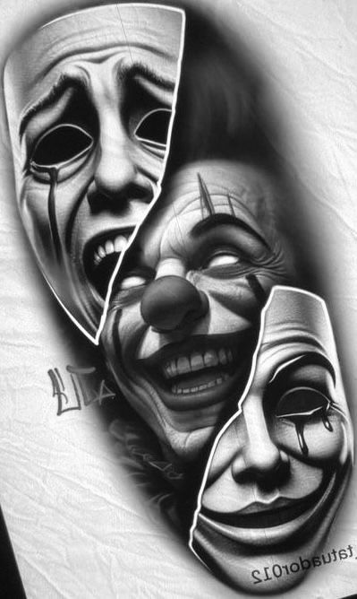 Two Faced Tattoo Ideas, Chicano Art Tattoos Gangsters, Chicano Tattoo Ideas, Chicano Tattoo Design, Theater Mask Tattoo, Tato Realis, Joker Face Tattoo, Evil Clown Tattoos, Joker Tattoo Design