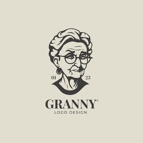 Grandma Logo Design, Face Logo Illustration, Logo With Illustration, Logo With Face, Grandma Illustration, Grandmother Portrait, Freepik Illustration, Vintage Car Logo, Portrait Logo Design