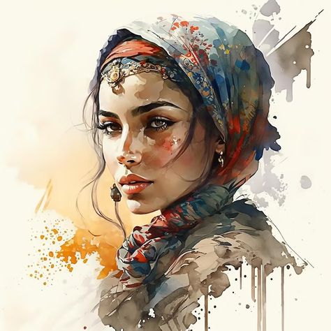 Premium Photo | Portrait of a woman from the middle east Watercolor Emotion, Watercolor Woman Face, Anger Art, Portraits Female, Watercolor Portrait Painting, Watercolor Woman, Aquarelle Art, Watercolor Girl, People Figures