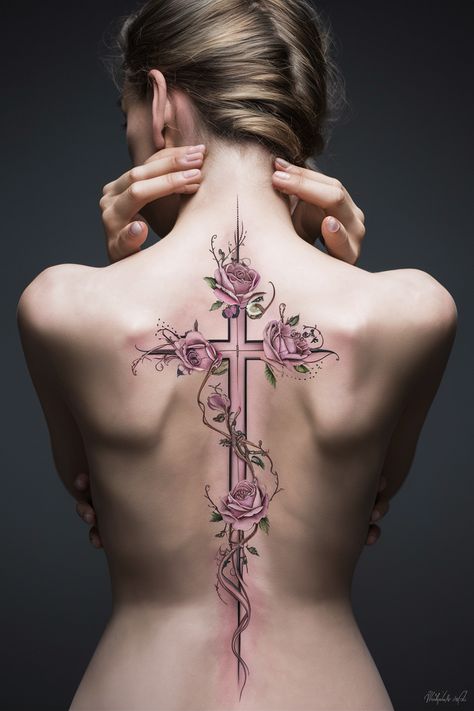 Discover stunning spine tattoos for women that beautifully incorporate the Cross, offering a unique and meaningful expression of faith. These delicate designs often feature elegant elements like flowers and butterflies, perfectly complementing the spine’s natural shape. Explore simple yet impactful tattoo ideas that reflect your spiritual journey. Whether you're drawn to dainty styles or bold red and black contrasts, find inspiration to create a tattoo that resonates deeply with you. Back Tattoo Women Spine Spiritual, Angel Spine Tattoos For Women, Cross Hip Tattoo, Unique Cross Tattoos For Women Beautiful, Spine Tattoos Rose, Cross Spine Tattoos For Women, Back Tattoo Women Spine Meaningful, Christ Tattoo Women, Christian Back Tattoos