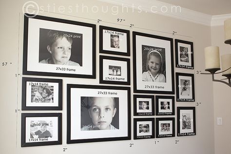 Christie's photo gallery wall, with dimensions.  Because she is that awesome, AND she loves cookies. Frames Collage, Photowall Ideas, Family Pictures On Wall, Picture Arrangements, 4x6 Frames, Gallery Wall Layout, Family Photo Wall, Collage Frame, Photo Wall Gallery