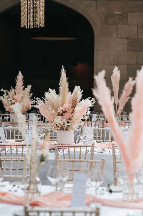 Boho luxe wedding with pink and white pampas grass table centrepieces and decor Boho Pink Wedding Decorations, Flower And Pampas Centerpieces, Boho Quinceanera, Pink Boho Table Decor, Pink Boho Wedding Decor, White Pampas Grass Wedding, Dry Flower Wedding Decor, Pampas Wedding Decor Table, Pampas Grass Centre Piece