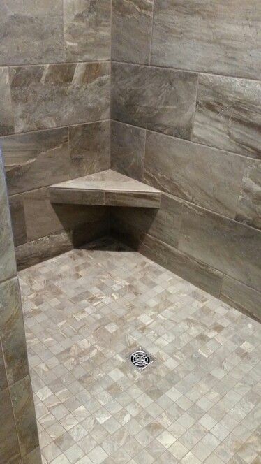 Earth tone walk in shower with corner bench.  Installed by BP'S TILE. Shower With Corner Bench, Half Bathroom Remodel, Mobile Home Bathroom, Corner Bench, Master Shower, Bathroom Shower Tile, Bathroom Remodel Shower, Basement Bathroom, Corner Shower