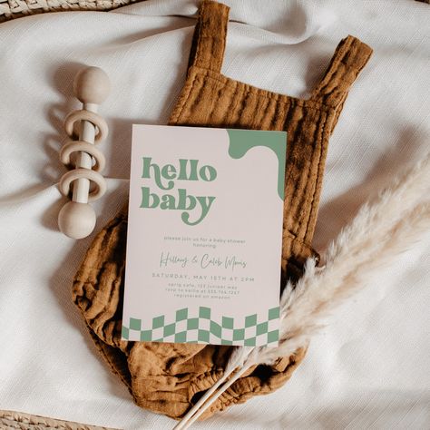 Hallo Baby, Retro Baby Showers, Gender Neutral Baby Shower Invitations, Green Baby Shower, Colors Matching, Minimalist Baby, Retro Baby, Green Retro