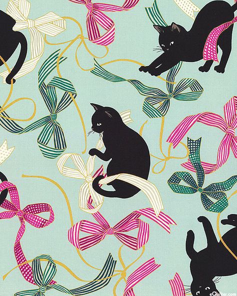 eQuilter Japanese Import - Hyakka Ryoran Neko - Bows & Cats - Aqua/Gold Cat Pattern Wallpaper, Western Prints, Asian Fabric, Japanese Cat, Black Cat Art, Free Quilt Patterns, Cat Fabric, Phone Wallpaper Patterns, Coloring Book Art