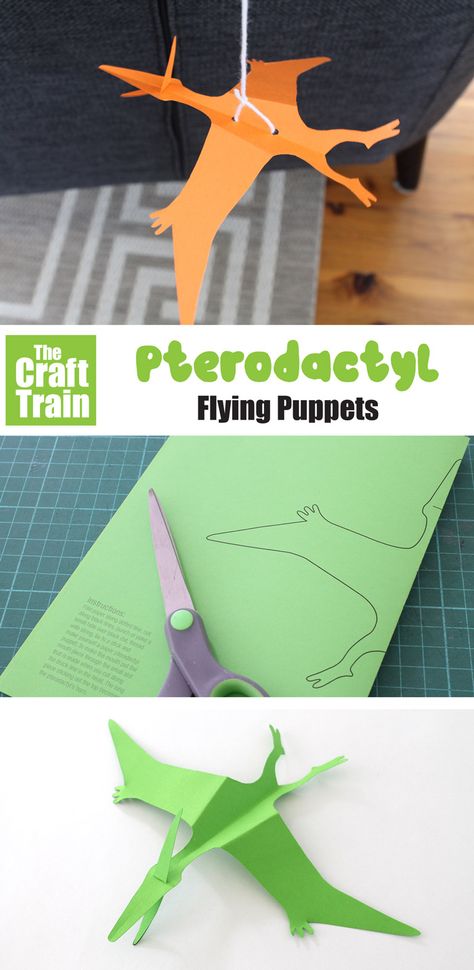 Make a flying pterodactyl paper puppet on a string with this free printable template. This is a fun and easy paper dinosaur craft for kids! #kidscrafts #papercrafts #puppets #kidsactivity #pterodactyl #dinosaurs #dinosaurcrafts #printablecrafts #puppets #thecrafttrain Diy Pterodactyl Decoration, Dinosaur Construction Paper Crafts, Dinosaur Puppets Printable, Flying Dinosaurs Craft, Flying Pterodactyl Craft, Make A Dinosaur Craft, Dinosaur Craft Elementary, Dinosaur Stem Activities Elementary, Pterodactyl Craft Preschool