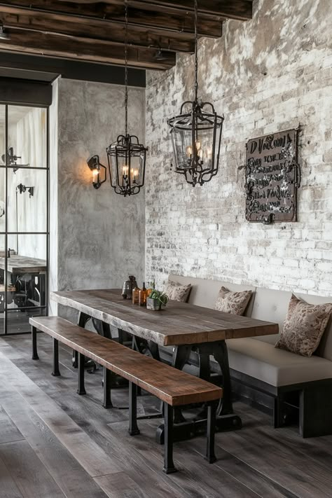 ♥ Looking to add a touch of industrial style to your dining room? Explore this stunning industrial dining room with modern industrial decor and vintage industrial touches. Perfect for those who love rustic industrial decor and urban-inspired design. Get inspired now! 🏢🍽️ #IndustrialDiningRoom #IndustrialDecor #IndustrialDesign #LoftApartment #UrbanDecor Country Industrial Home, Industrial Eclectic Interior Design, Modern Industrial Accent Wall, Moody Industrial Decor, Industrial Glam Decor, Industrial Style Decoration, Chic Industrial Decor, Modern Industrial Dining Room, Industrial Style Interior Design