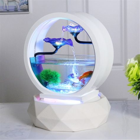 Desktop Water Fountain, Small Fish Tanks, Goldfish Bowl, Glass Aquarium, Indoor Water Fountains, Fountain Design, Zen Meditation, Small Fish, Cute Room Decor