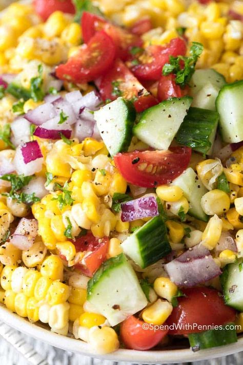 This easy Summer corn salad is one of our favorites! Sweet corn off the cob, crisp cucumbers and ripe juicy garden tomatoes. The corn salad dressing is quick, easy and delicious to make! Corn Salad Dressing, Corn Salad Recipe Easy, Easy Corn Salad, Corn Off The Cob, Fresh Corn Salad, Garden Tomatoes, Corn Salad Recipes, Summer Corn Salad, Summer Corn