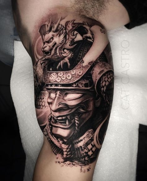 Mascara Hannya, Tato Irezumi, Japanese Warrior Tattoo, Aztec Tattoos Sleeve, Aztec Tattoos, Around Arm Tattoo, Buddha Tattoo Design, Samurai Tattoo Design, Skull Sleeve Tattoos