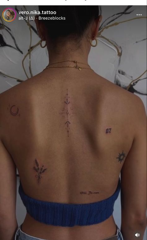 Scatter Back Tattoo, Dainty Back Neck Tattoo, Back Tattoo Women Scattered, Cute Dainty Back Tattoos, Patch Back Tattoos, Back Sticker Tattoo Women, Back Tattoos Fine Line, Astrology Back Tattoo, Patchwork Tattoo Back