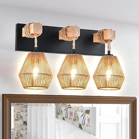 Bathroom Vanity Lights Over Mirror, Light Fixtures For Bathroom, Vanity Lights Over Mirror, Boho Chic Bathroom, Boho Light Fixture, Earthy Bathroom, Bathroom Boho, Bathroom Lights Over Mirror, Mirror Farmhouse