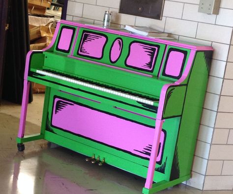 This project is to turn a drab old piano into a piece of art that reflects both a happier environment and its surroundings...a school. I painted this piano to sit in the lobby of a local middle school so that both kids and adults would be greeted by something the other school didn't have and so that kids could play on it as they wish. The project took about 5 days working 6-7 hours each of the days. (Like watching paint dry....literally) the majority of the time was just that. Watching paint... Cartoon Piano, Painted Piano, Painted Pianos, Piano Design, Old Pianos, Deco Originale, Cartoon Painting, Community Center, Funky Furniture