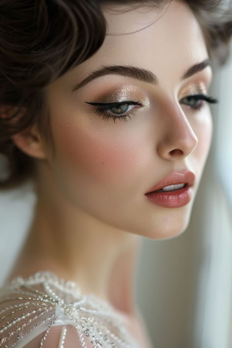 Wedding Day Eyeshadow Ideas! - Mom and Newborn 1920s Bridesmaid Hair, 1920s Bridal Makeup, Moody Bride Makeup, Hollywood Glam Hair And Makeup, 1920s Wedding Makeup, Old Hollywood Bridal Makeup, Old Hollywood Wedding Makeup, Bridgerton Makeup Looks, Whimsical Wedding Makeup