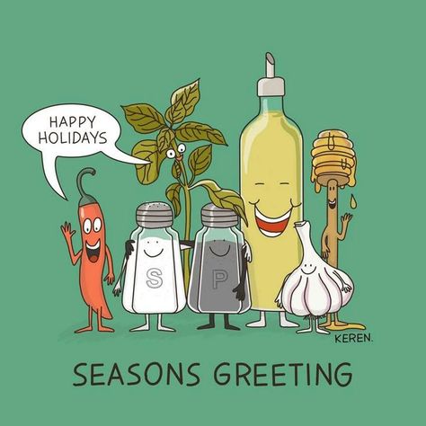 Funny Food Pun: Season Greetings Punny Puns, Punny Cards, Food Memes, Humor Mexicano, Cute Puns, Puns Jokes, Food Puns, Funny Illustration, Julia Child