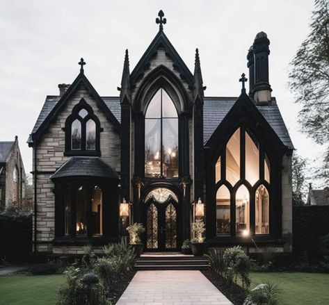 Cathedral Window House, Modern Gothic Exterior Home, Cathedral House Interior Design, Victorian Style Barndominium, Gothic Farmhouse Interior, Modern Gothic Home Exterior, Moody House Exterior, Goth House Exterior, Victorian Gothic House Exterior