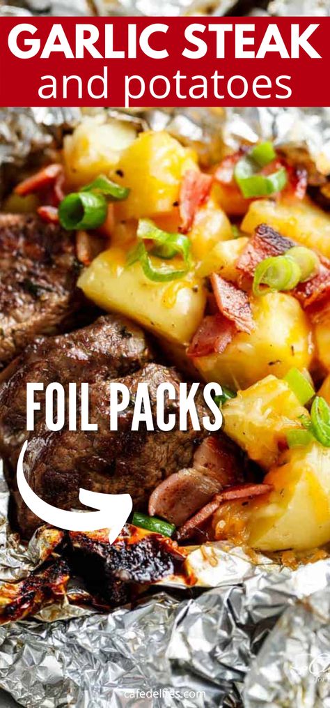 Easy Camping Food, Cheesy Bacon Potatoes, Foil Packet Potatoes, Foil Pack Dinners, Foil Pack Meals, Foil Dinners, Garlic Steak, Foil Packs, Foil Packet Meals