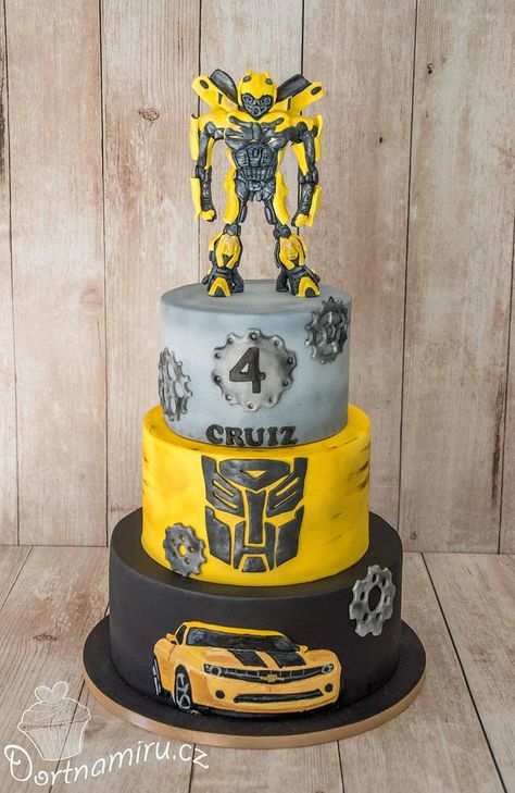 Bumble Bee Transformers Birthday Party, Bumble Bee Transformer Cake, Optimus Prime Cake, Transformers Birthday Cake, Dinasour Birthday, Bumble Bee Cake, Transformers Cake, Transformers Birthday Parties, Transformer Party