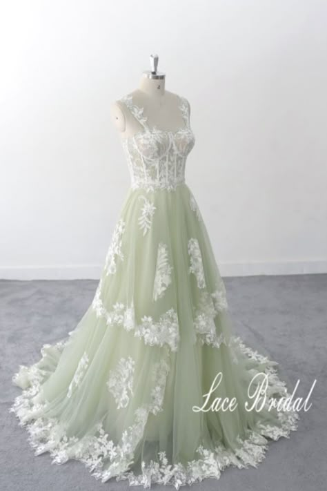 Fairy Wedding Dress Green, Wedding Dress With Green Embroidery, White And Green Wedding Dress, Light Green Wedding Dress, Green Wedding Gown, Light Green Wedding, Green Wedding Dress, White And Green Wedding, Long Flowy Dress