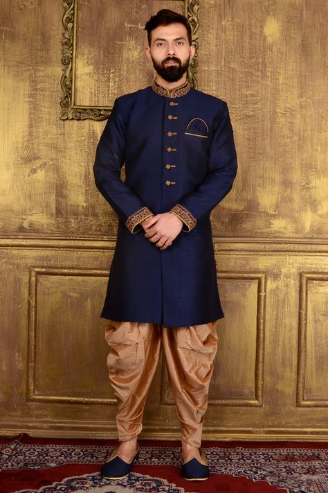 INDIAN KURTA SHERWANI by PARIVAR on Etsy Indo Western Outfits, Blue Sherwani, How To Dress For A Wedding, Groom Dress Men, Navy Blue Art, Wedding Dresses Men Indian, Mens Sherwani, Western Suits, Sherwani For Men