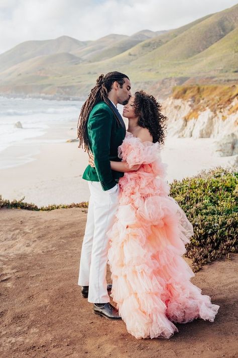 Pink Tulle Wedding Dress, Green Velvet Tuxedo, Peach Tulle Dress, Real Life Couple, Big Sur Elopement, Velvet Tuxedo, Queer Weddings, Los Angeles Wedding Photographer, Peach Dress