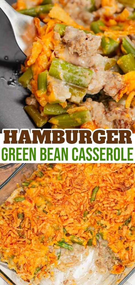 Hamburger Green Bean Casserole is a hearty ground beef casserole recipe loaded with cut green beans, cream of mushroom soup, diced onions, shredded cheddar cheese and French's crispy fried onions. Green Bean Spaghetti, Ground Beef And Green Bean Casserole, Green Bean Casserole With Ground Beef, Green Bean Ground Beef Casserole, Hamburger And Green Bean Casserole, Ground Beef Recipes With Mushrooms, Hamburger Green Bean Casserole Recipes, Green Bean And Beef Casserole, Green Bean And Hamburger Casserole