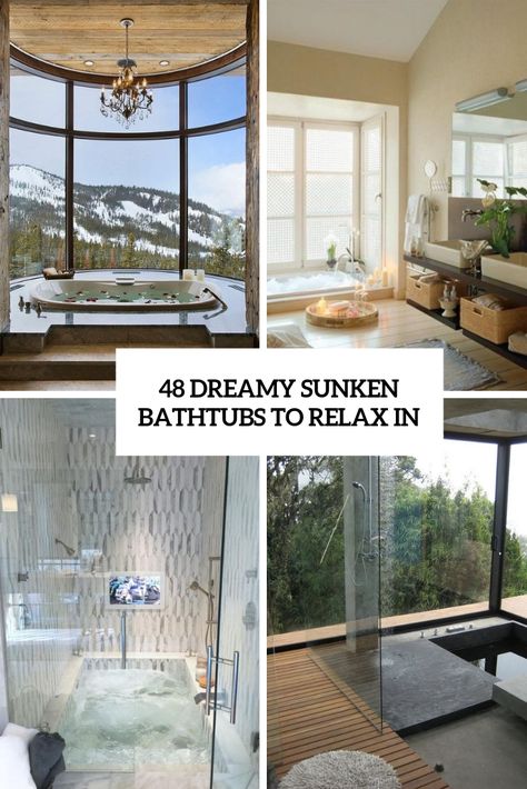 dreamy sunken bathtubs to relax in cover In Ground Bathtub, Sunken Bathtub Shower Combo, Fun House Ideas, Sunken Bath, Monochromatic Bathroom, Sunken Bathtub, Concrete Bathtub, Concrete Shower, Dream Bathtub